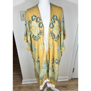 Woven Heart Kimono Women OS Mustard Yellow Boho Medallion‎ Fringe Wrap